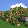 Agricultural Equipment with Scarecrows on Green Grassland under Blue Sky and White Clouds