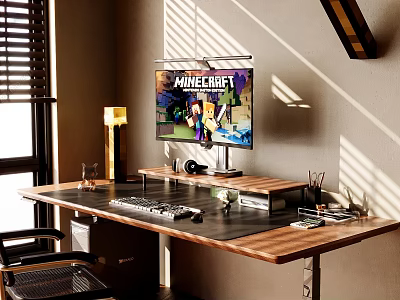 Wooden Desk With Sunlight Through Blinds Monitor Keyboard Lamp And Small Decor Items For Workspace 3d model