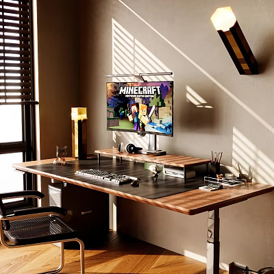Wooden Desk With Sunlight Through Blinds Monitor Keyboard Lamp And Small Decor Items For Workspace 3d model