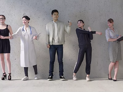 Group of Diverse People in Various Occupations and Attires Standing Against Concrete Wall 3d model