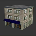 Two Story Commercial Brick Building With Blue Awnings Glass Storefronts And Flat Roof