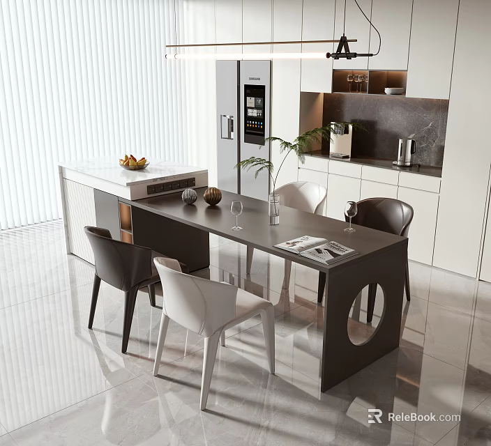 Modern Dining Table Set With Black White Chairs And Decorative Items On Top 3d model