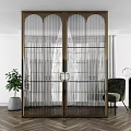 Modern Interior Design Glass Double Doors With Golden Frame Green Chairs And Plants