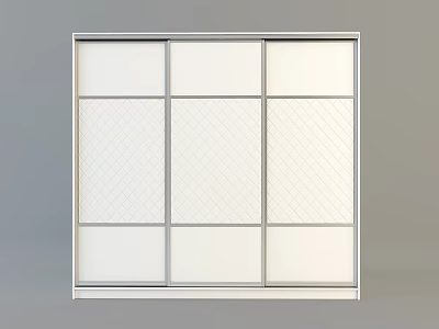 Modern White Sliding Door Wardrobe With Diamond Pattern Panels And Metal Frame 3d model