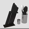 Essential Kitchen Utensils Set With Black Knife Block White Spoons Silver Container And Spice Jar