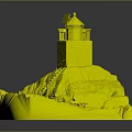 Cartoon Scenery Of Lighthouse On Rocky Cliff With Wooden Ladder And Surrounding Rocks