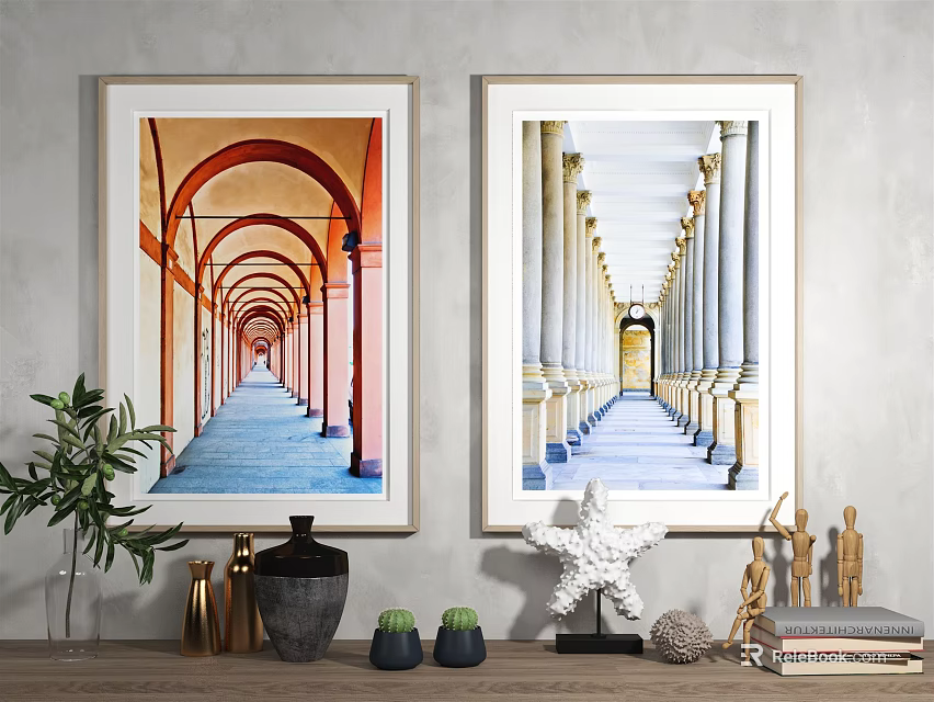 Two Corridor Paintings On Wall With Table Decorations Plant Vase Starfish And Books 3d model 
