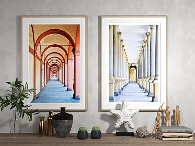 Two Corridor Paintings On Wall With Table Decorations Plant Vase Starfish And Books 3d model