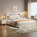 Cozy Bedroom Interior With Upholstered Headboard Storage Drawers White Nightstands Table Lamp Wall Art Rug