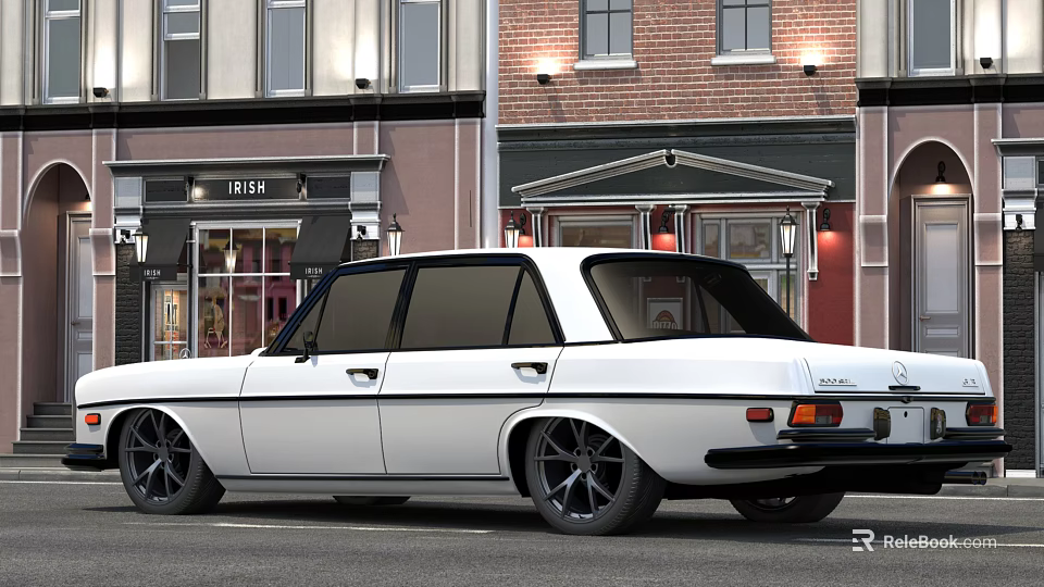 White Vintage Classic Car Parked On Street With Red Brick Buildings And Shops 3d model 