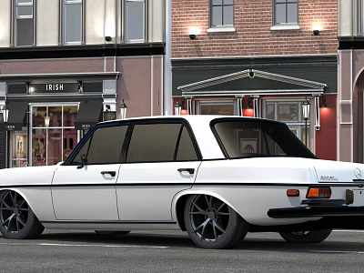 White Vintage Classic Car Parked On Street With Red Brick Buildings And Shops 3d model