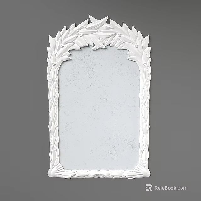 White Decorative Wall Mirror With Ornate Carved Leaf Frame Design 3d model 