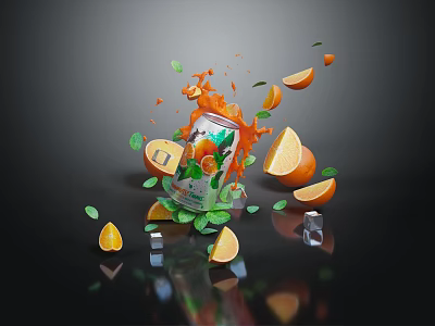 Orange Slices Splashing Juice With Open Drink Can Ice Cubes Mint Leaves On Black Background 3d model