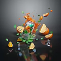 Orange Slices Splashing Juice With Open Drink Can Ice Cubes Mint Leaves On Black Background