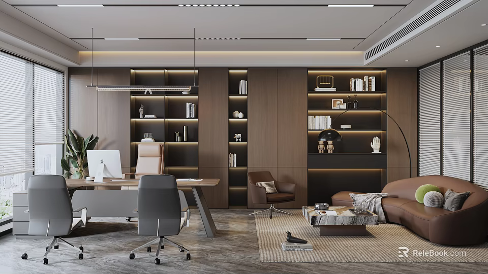 Modern Office Interior With Desk Office Chair Bookshelves Sofa And Decorative Plants 3d model 