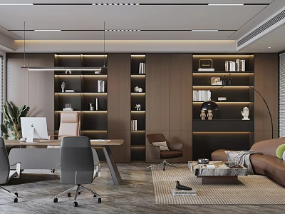 Modern Office Interior With Desk Office Chair Bookshelves Sofa And Decorative Plants 3d model