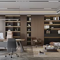 Modern Office Interior With Desk Office Chair Bookshelves Sofa And Decorative Plants