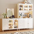 White Sideboard With Drawers Glass Front Upper Cabinets Wine Bottles Coffee Machine And Decorative Artwork
