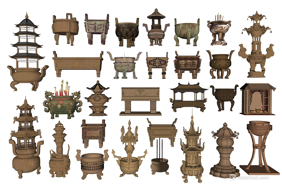 Various Traditional Ceramic Vessels Including Tower Shaped Tripods and Ornate Incense Burners 3d model 
