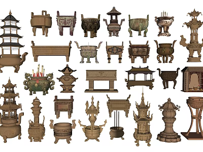 Various Traditional Ceramic Vessels Including Tower Shaped Tripods and Ornate Incense Burners 3d model