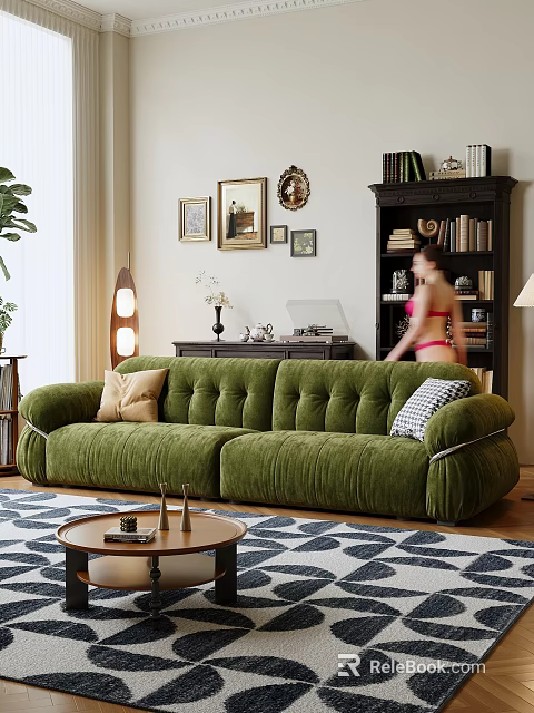 Green Velvet Double Sofa With Pillows In Living Room With Bookshelf And Wall Art 3d model 