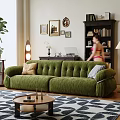Green Velvet Double Sofa With Pillows In Living Room With Bookshelf And Wall Art