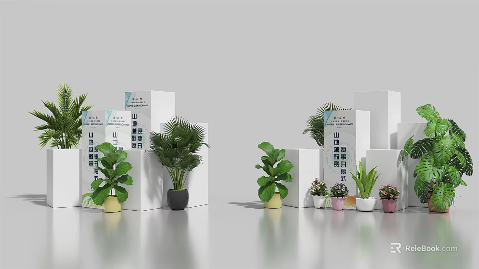 Commercial Display Equipment With White Stands And Potted Plants For Product Presentation 3d model 