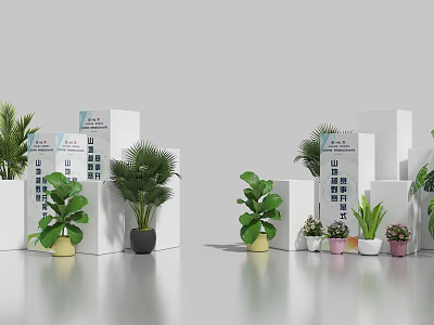 Commercial Display Equipment With White Stands And Potted Plants For Product Presentation 3d model