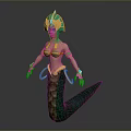 Mythical Game Character With Green Gold Headdress Arm Bands And Serpentine Tail Design