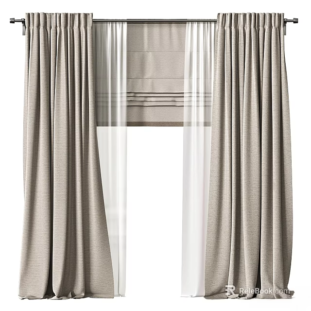 Beige Modern Curtains With Sheer Voile Layer And Textured Pleated Design 3d model 