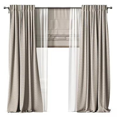 Beige Modern Curtains With Sheer Voile Layer And Textured Pleated Design 3d model