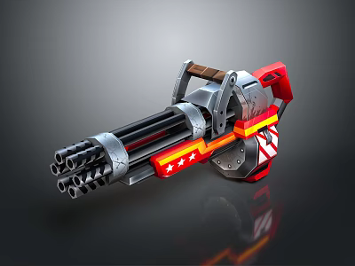 Red And Silver Multi Barrel Cannon With Yellow Stars Wooden Grip And Mechanical Structure 3d model
