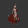 Elegant Female Character In Red White Traditional Costume With Pink Petals Floating And Staff
