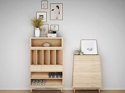 Modern Wooden Shoe Cabinet With Shelves Drawers And Wall Frames Decor 3d model