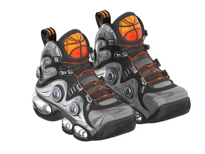 Black Gray Orange Roller Skates With Metallic Design Basketball Pattern And Wheels 3d model