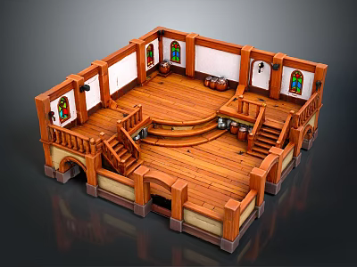 Medieval Style Indoor Scene With Wooden Floor Stained Glass Windows And Staircases 3d model