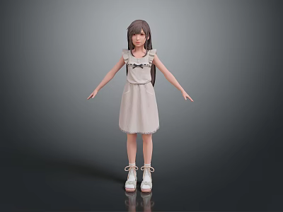 Adorable Young Girl In Light Colored Dress With Bow Detail And White Shoes Standing With Arms Outstretched Pose 3d model