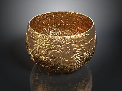 Golden Hand Carved Decorative Bowl With Intricate Patterns And Metallic Texture 3d model