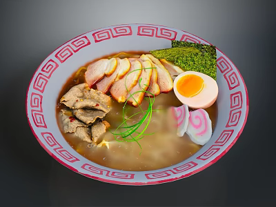 Delicious Ramen In Traditional Patterned Bowl With Chashu Pork Soft Boiled Egg Nori And Scallions 3d model