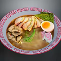 Delicious Ramen In Traditional Patterned Bowl With Chashu Pork Soft Boiled Egg Nori And Scallions