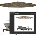 Outdoor Wooden Lounge Chair with Gray Cushions Umbrella and Side Table