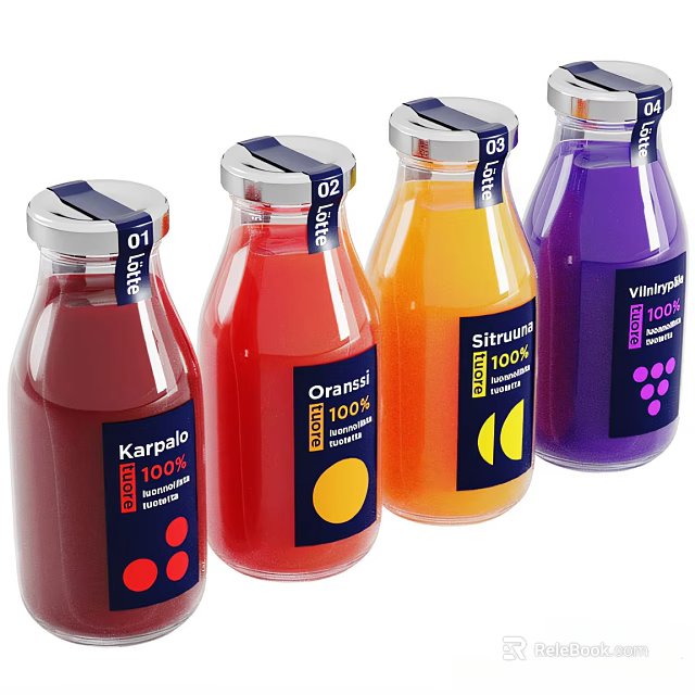 100% Pure Fruit Beverages with Various Flavors in Transparent Bottles and Metal Caps 3d model 
