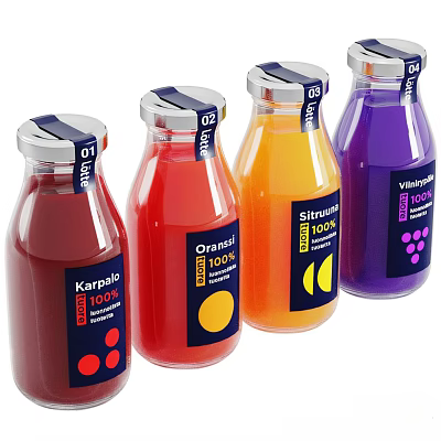 100% Pure Fruit Beverages with Various Flavors in Transparent Bottles and Metal Caps 3d model