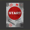 Industrial Control Panel With Red Start Button Danger Warning Label And Emergency Button