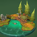 Cartoon Island Scene With Pine Trees Wooden Cabin Green Water Rocks And Wooden Fence