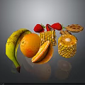 Fresh Assorted Fruits and Snacks Including Banana Strawberries Sliced Orange Corn and Cookies
