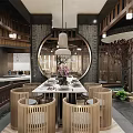 Traditional Hotpot Restaurant Interior With Wooden Railings Round Tables And Warm Lighting