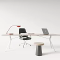 Modern Wooden Office Desk With Laptop Red Lamp Books And Black Chair