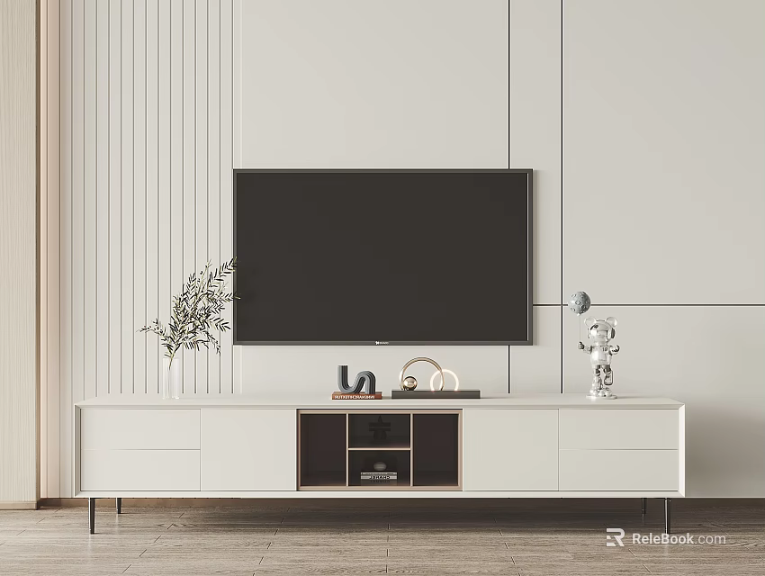 Modern White TV Stand With Storage Drawers And Decorative Plants In Living Room 3d model 