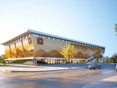 Modern Sales Office Building With Golden Wavy Facade Glass Curtain Wall And Trees 3d model